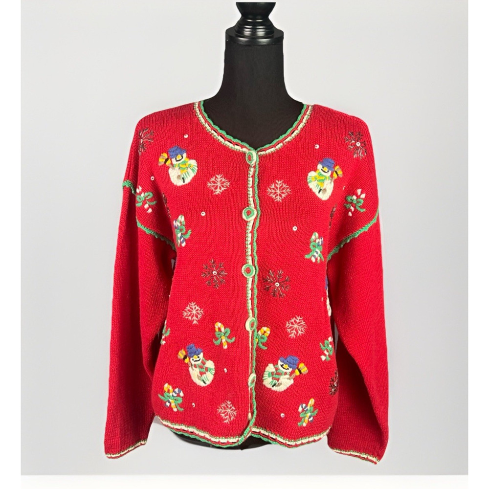 VTG NutCracker Christmas Cardigan Sweater Womens M Red Snowman Embroidered 90s